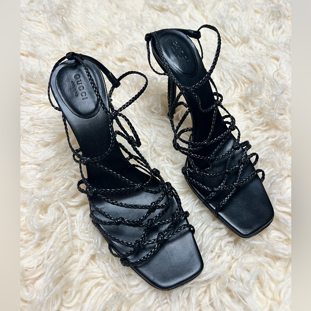 Gucci Leather Black Braided Women's Heels Size 8.5 Made in Italy